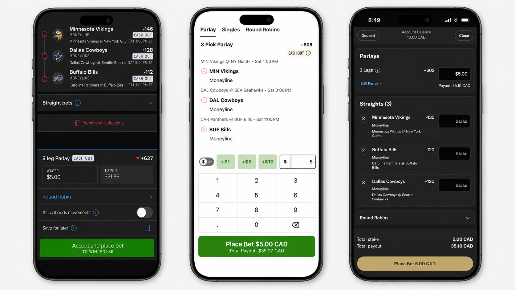 Screenshots of the Stake mobile browser interface showing the homepage, sports betting menu, and NFL odds